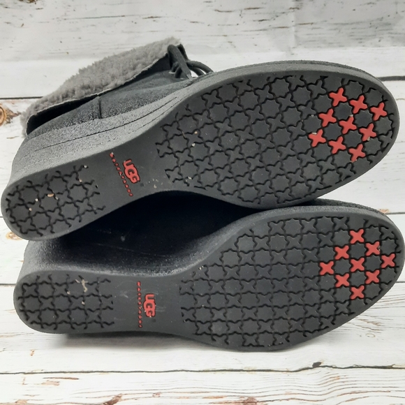 UGG Wedge Waterproof Ankle Boots Suede Sherpa Black Academia Fairy Cottage - Picture 9 of 12